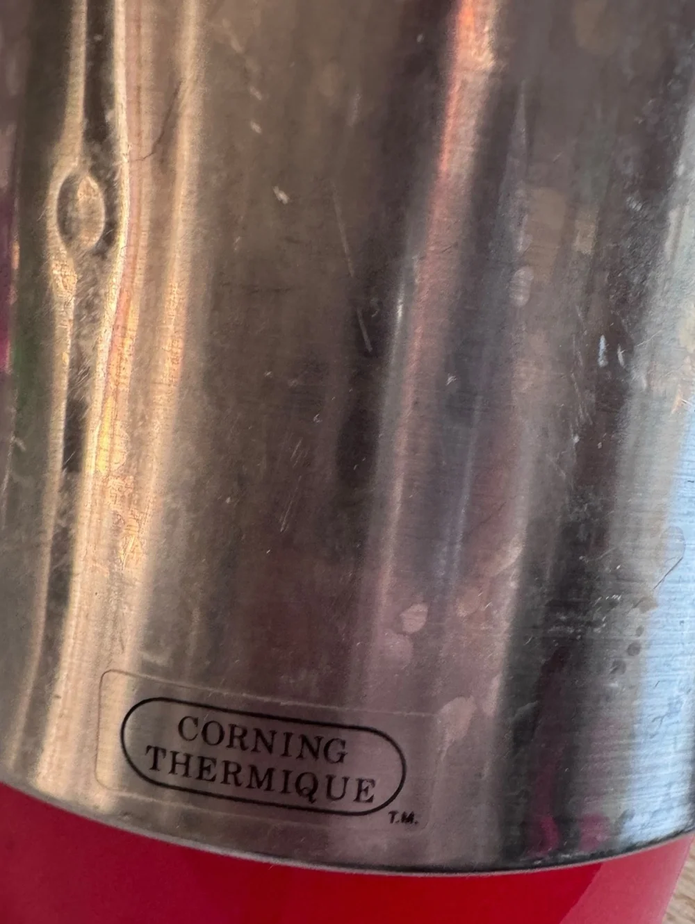 Vintage Corning Thermatique Stainless Steel and Red Plastic Coffee Carafe